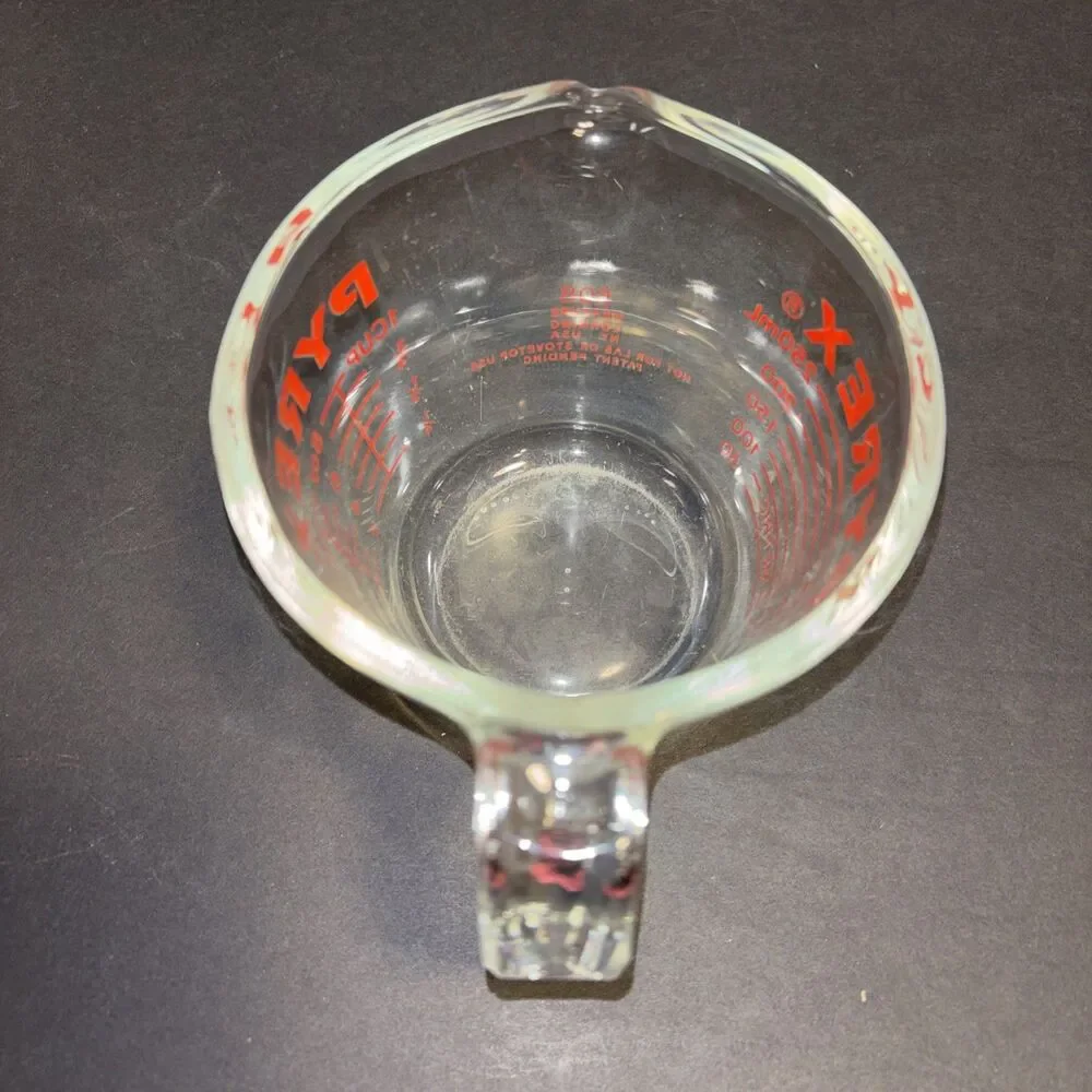 Pyrex 1 Cup Clear Measuring Cup with Red Graphics Oven Safe Made in USA